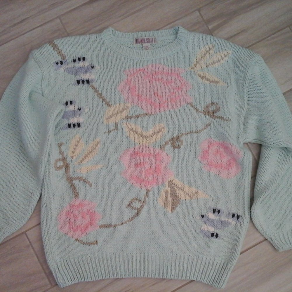 Amanda Smith II Mint Green Floral Long Sleeve Sweater. Size 38/18W